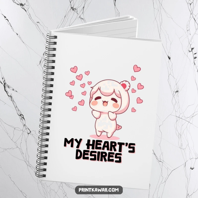 Funny notebook with a character releasing tiny, fluttering hearts, perfect for jotting down thoughts of love and kindness.