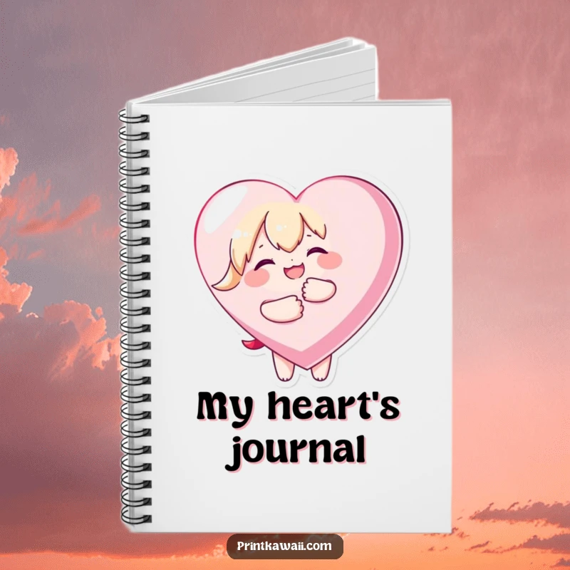 Funny notebook with a kawaii character joyfully embracing a large heart, designed for writing and expressing affection.