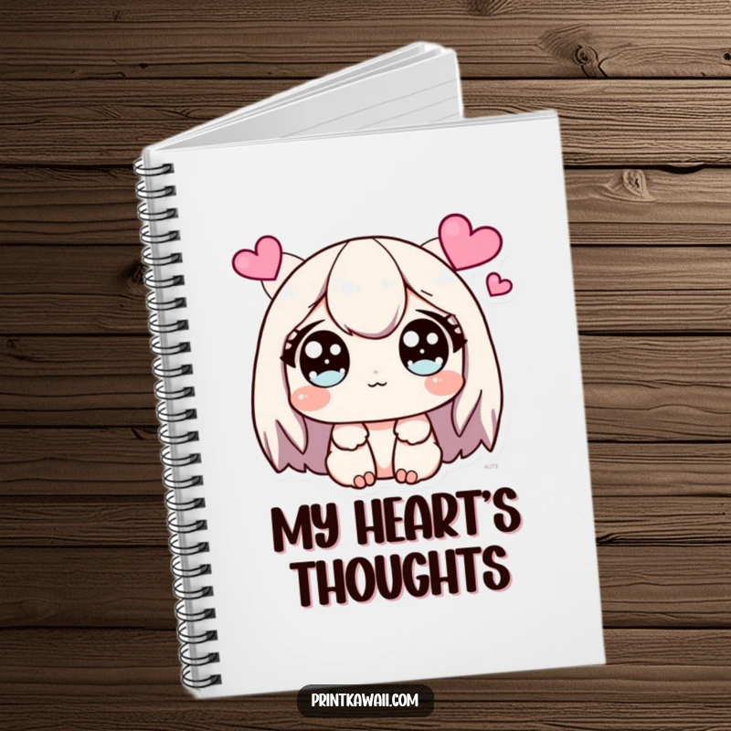 Funny Notebook with a cute character displaying wide, sparkling eyes, looking at floating hearts.