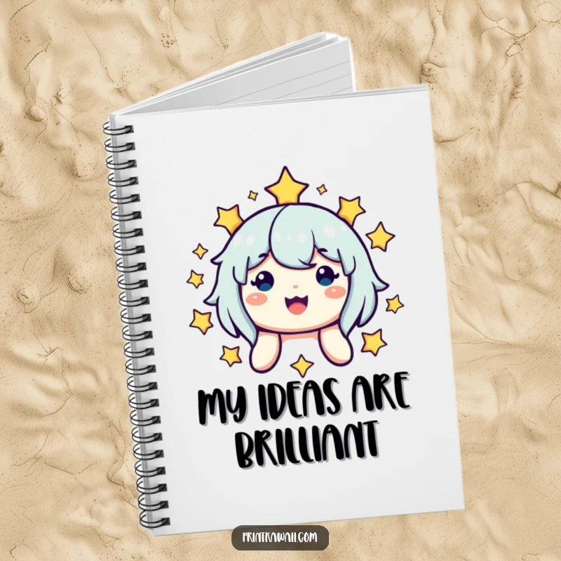 Funny notebook with a cute, smiling character surrounded by stars, ideal for jotting down ideas with celestial flair and happy vibes.