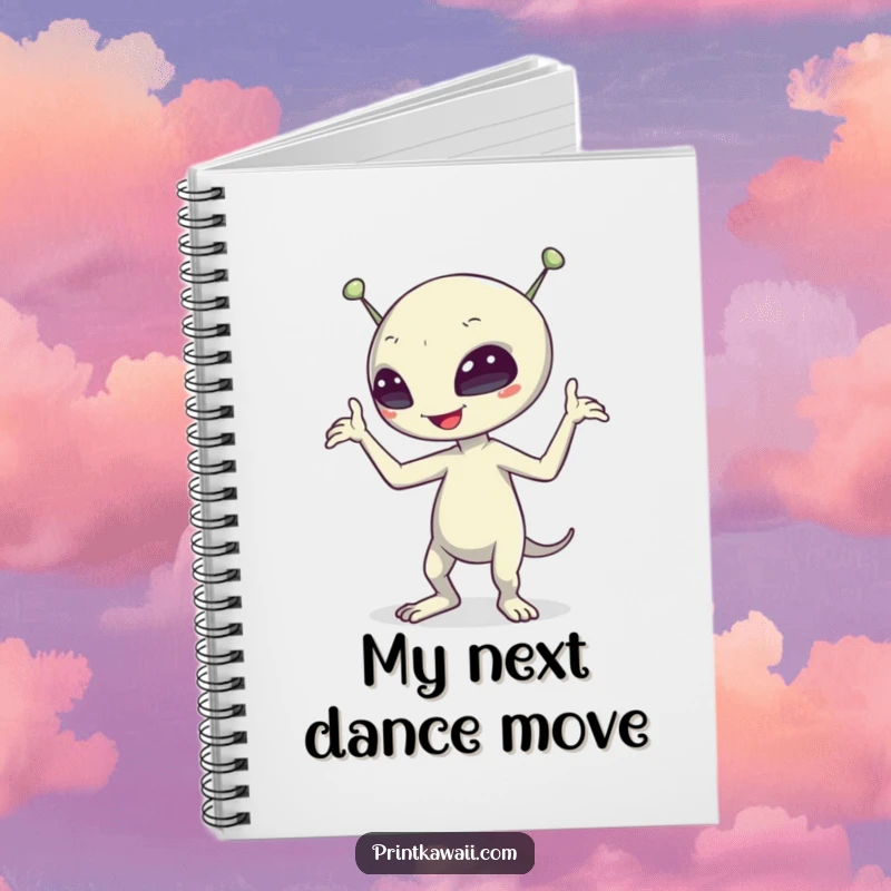 Funny alien character engaged in a silly dance on a notebook cover, encouraging creative expression and cosmic ideas.