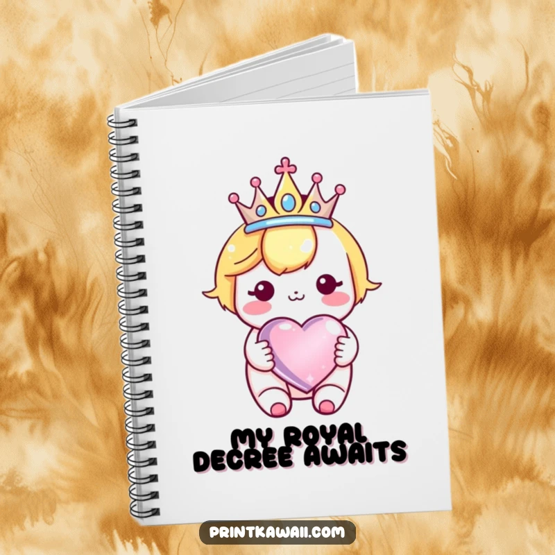 Funny Kawaii Crown Heart Notebook: Cute character wearing a crown, holding a sparkly heart, ideal for writing and drawing.