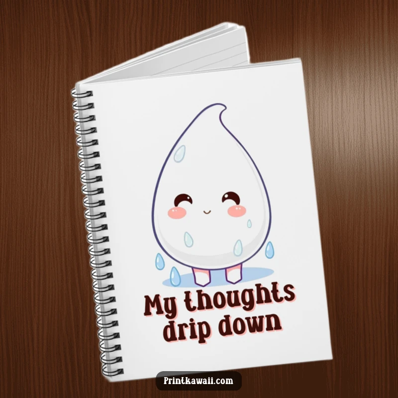 Funny Notebook featuring a plump, happy raindrop character dripping with joy, perfect for jotting down cheerful thoughts and ideas.