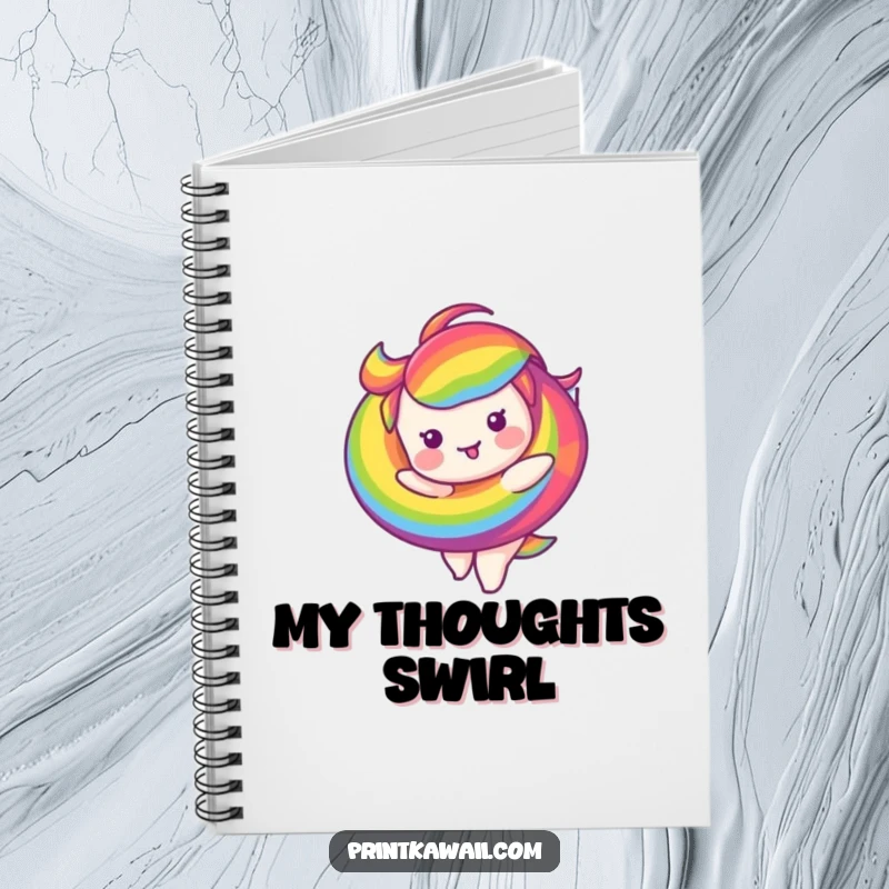 Funny notebook with a cheerful rainbow swirl character on the cover, perfect for jotting down funny thoughts and ideas.