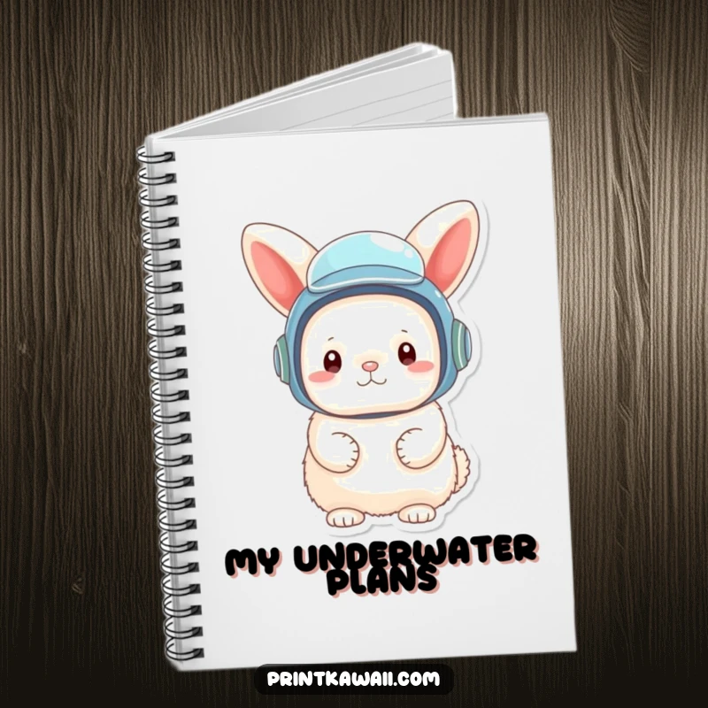 Funny notebook with a fluffy bunny character wearing a tiny, oversized diving helmet, ready for creative exploration.