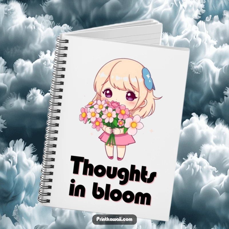 Funny notebook with a cute character holding a bouquet of sparkling flowers, designed for writing and creative expression.