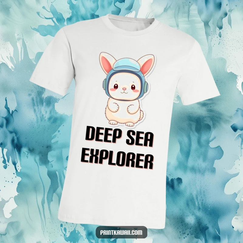 Funny t-shirt featuring a fluffy bunny character in a tiny, oversized diving helmet, ready for exploration.