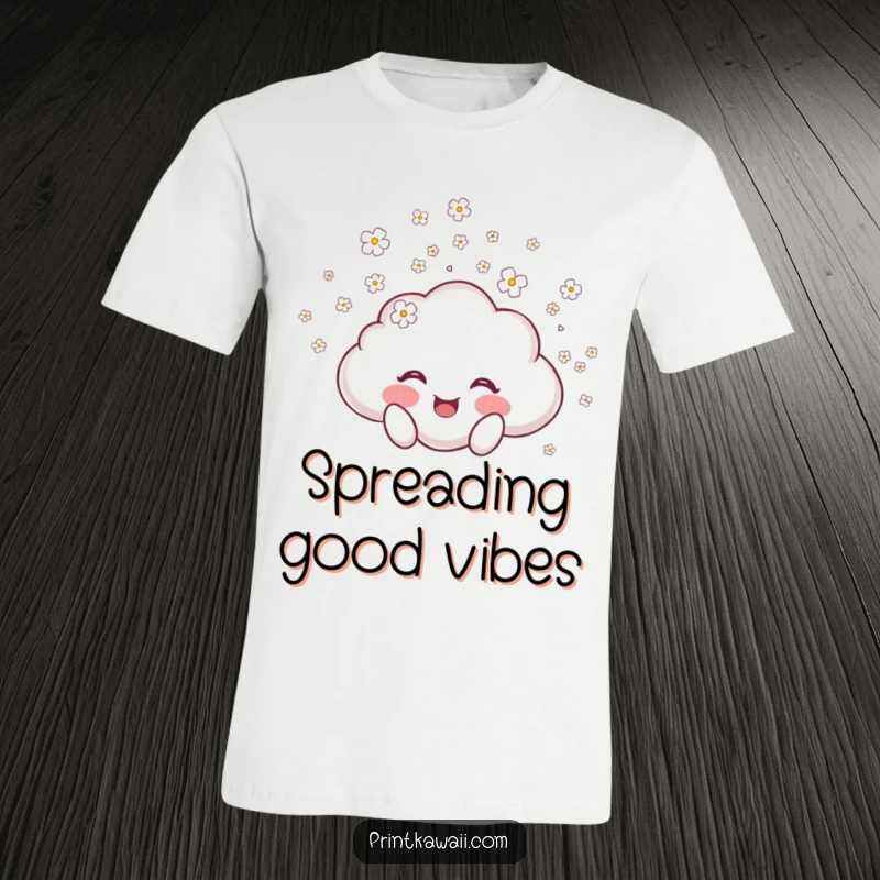 Funny t-shirt with a joyful cloud character showering tiny blossoms, perfect for those who love nature and spreading happiness.