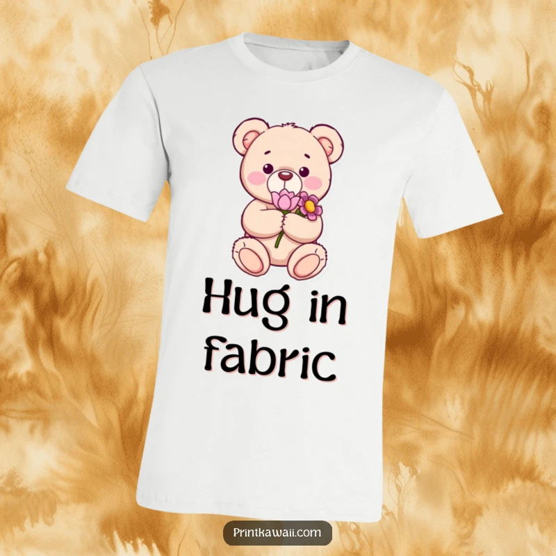 Funny t-shirt with a content teddy bear holding a flower, showcasing a sweet, gentle personality and perfect for a cute, funny gift.