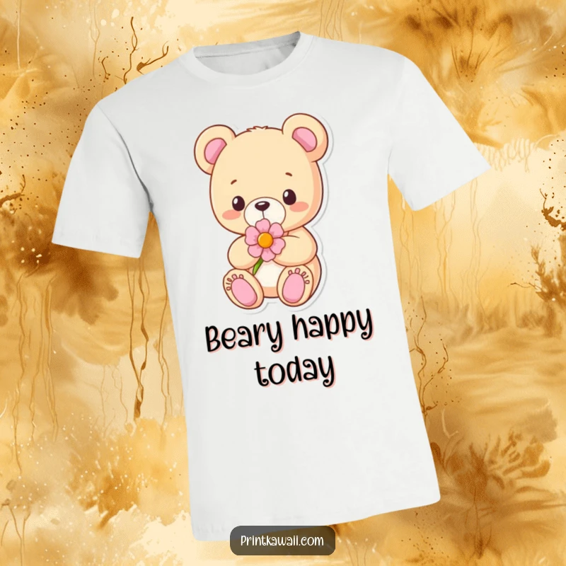 Funny T-Shirt with a content teddy bear character holding a flower, perfect for spreading gentle vibes and cozy feelings.