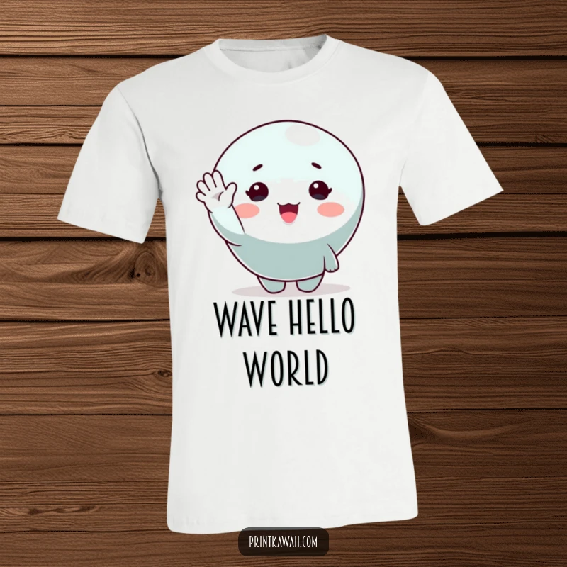 Funny t-shirt featuring a cute character with a big smile giving a friendly, cheerful wave, radiating warmth and optimism.