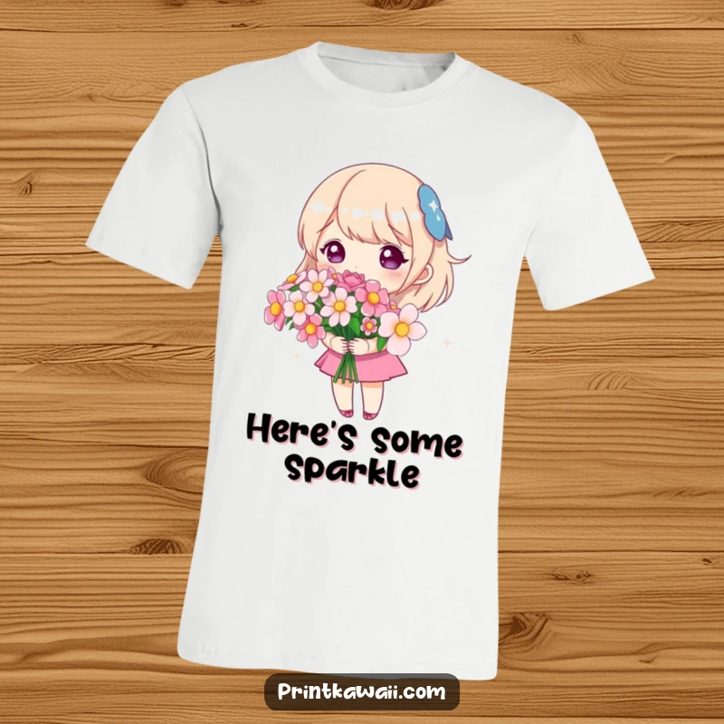 Funny t-shirt featuring a cute character holding a shimmering bouquet of flowers, perfect for celebrating nature and joy.