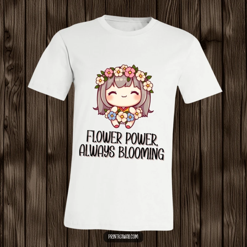 Funny t-shirt with a cute kawaii character wearing a flower garland and smiling sweetly, radiating gentle happiness.
