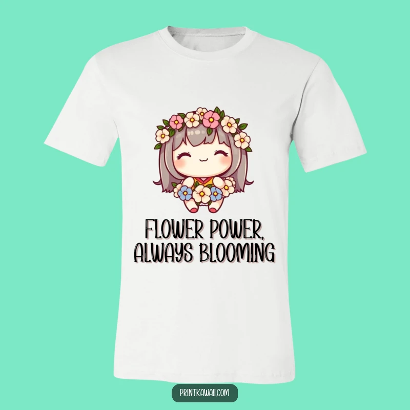 Funny Floral Tee: Cute Kawaii Character's Sweet Garland Smile