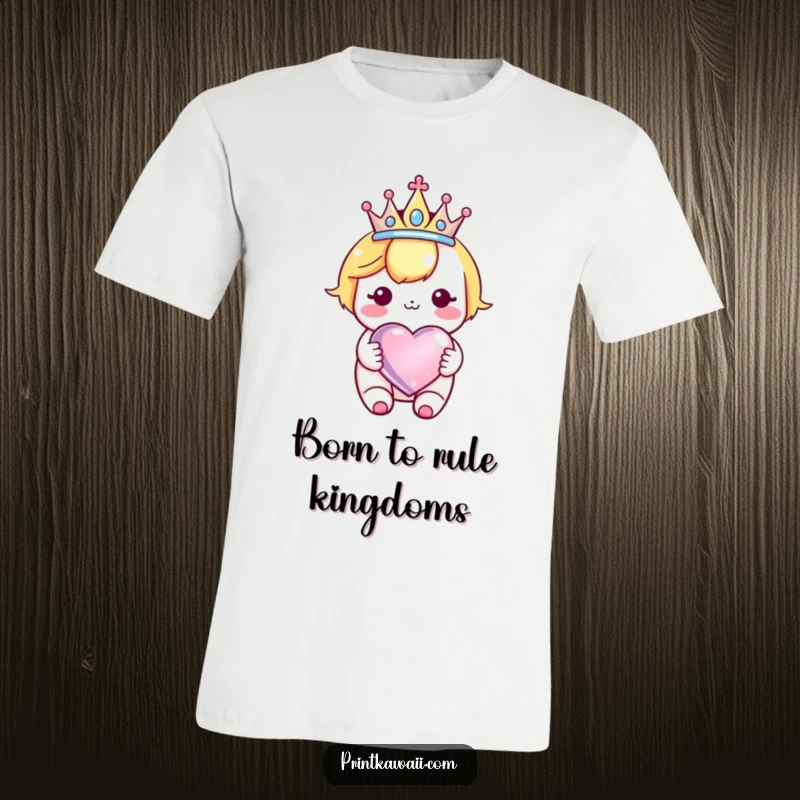 Funny Kawaii Crown Heart T-Shirt: Cute character wearing a crown, joyfully holding a sparkly heart, celebrating royalty.