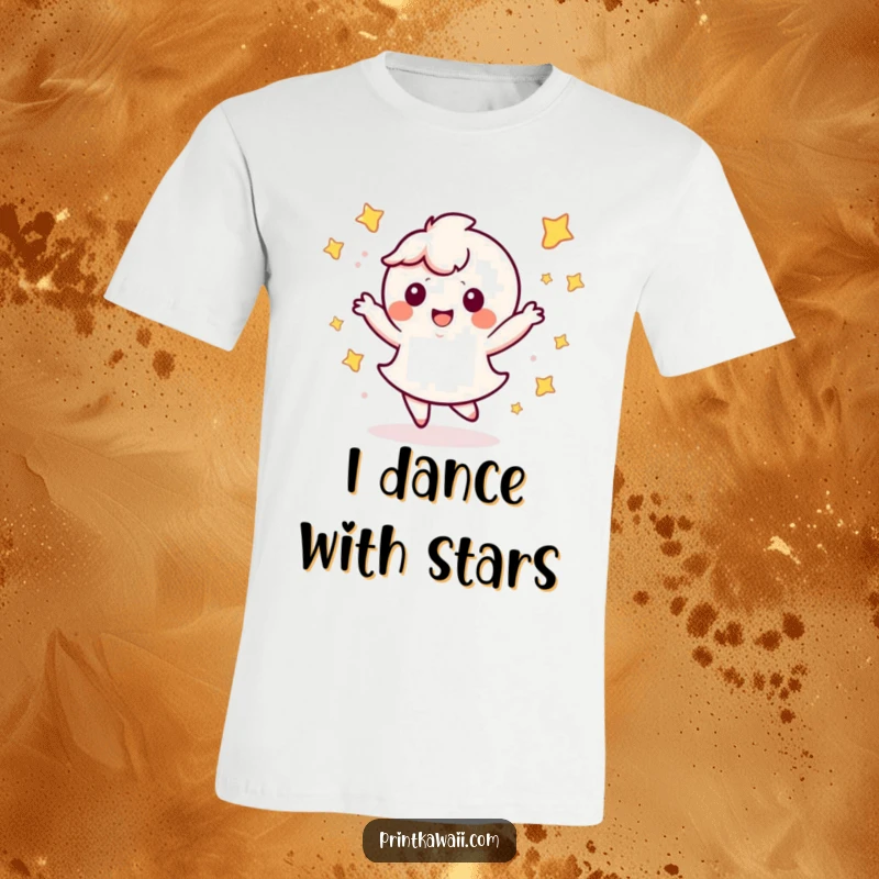 Funny Kawaii Dance T-Shirt: A cute character doing a happy dance, surrounded by sparkling stars, full of energy.