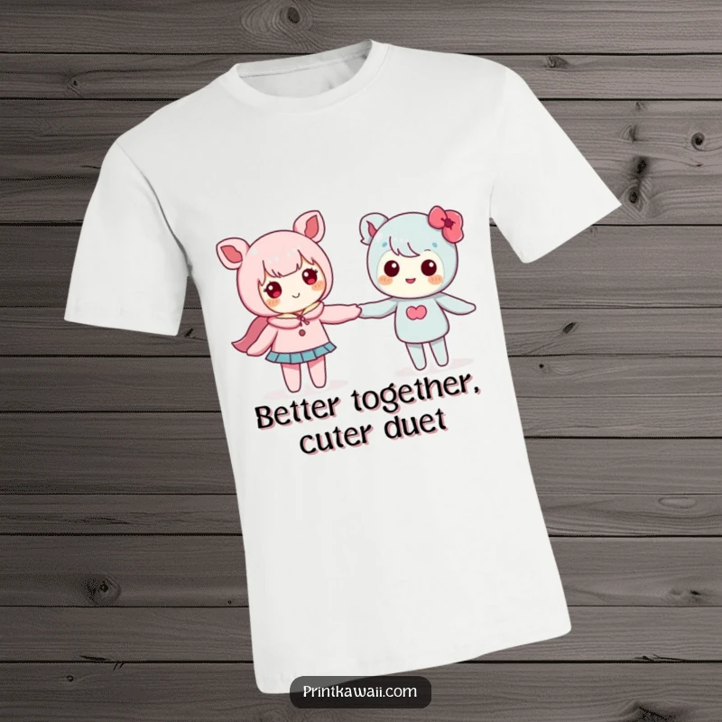 Funny t-shirt featuring two cute kawaii characters holding hands, celebrating friendship and adorable companionship.