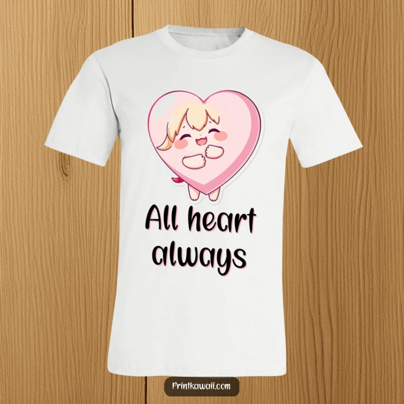 Funny t-shirt featuring a kawaii character joyfully embracing a huge heart, radiating love and happiness in a cute design.