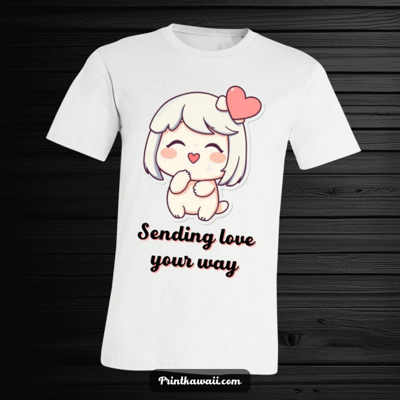 Funny T-Shirt with a character smiling gently, blowing a kiss towards a heart, conveying tender love and sweet romantic feelings.