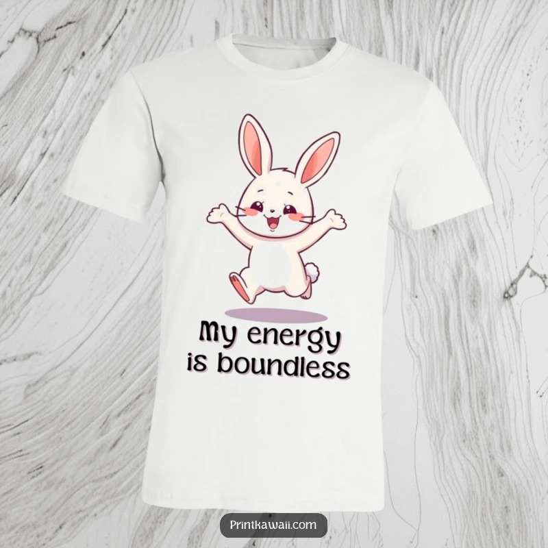 Funny t-shirt featuring a playful bunny character in a happy leap, conveying excitement and a love for fun.