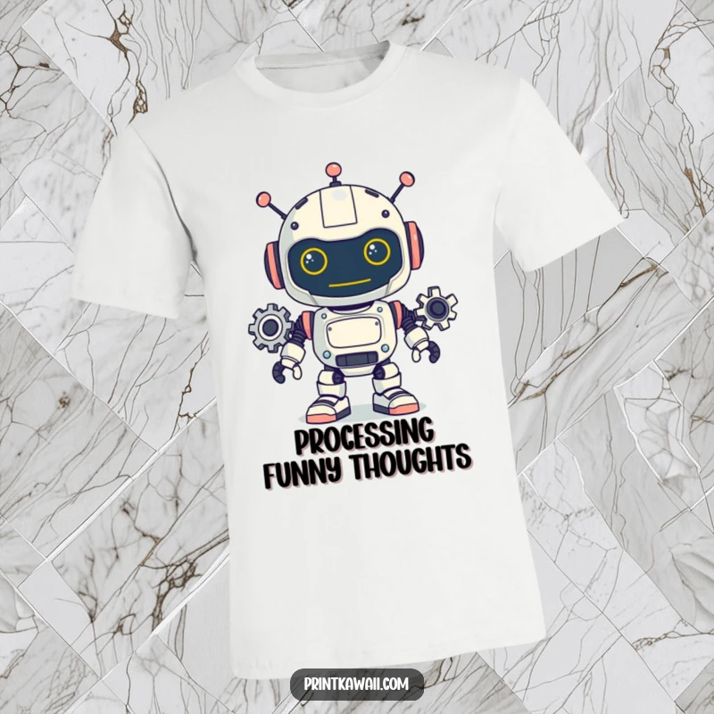 Funny t-shirt with a playful robot character whose gears are actively turning, showcasing a love for technology and humor.