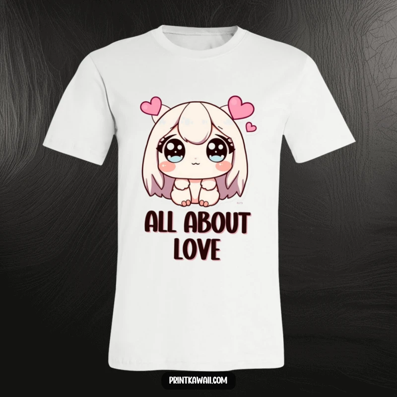 Funny T-Shirt featuring a cute character with wide, sparkling eyes, gazing at floating hearts.