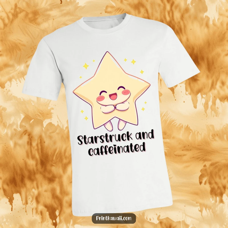 Funny t-shirt with a character smiling widely, hugging a large, glittering star, symbolizing achievement and radiant joy.