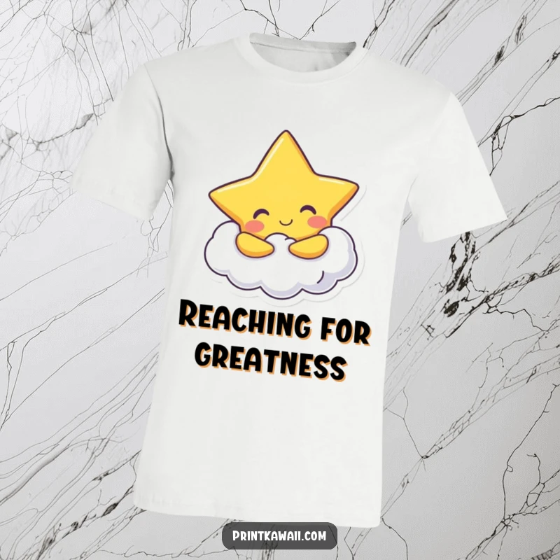 Funny T-Shirt: A cheerful star character joyfully hugs a fluffy cloud, conveying warmth and celestial happiness.