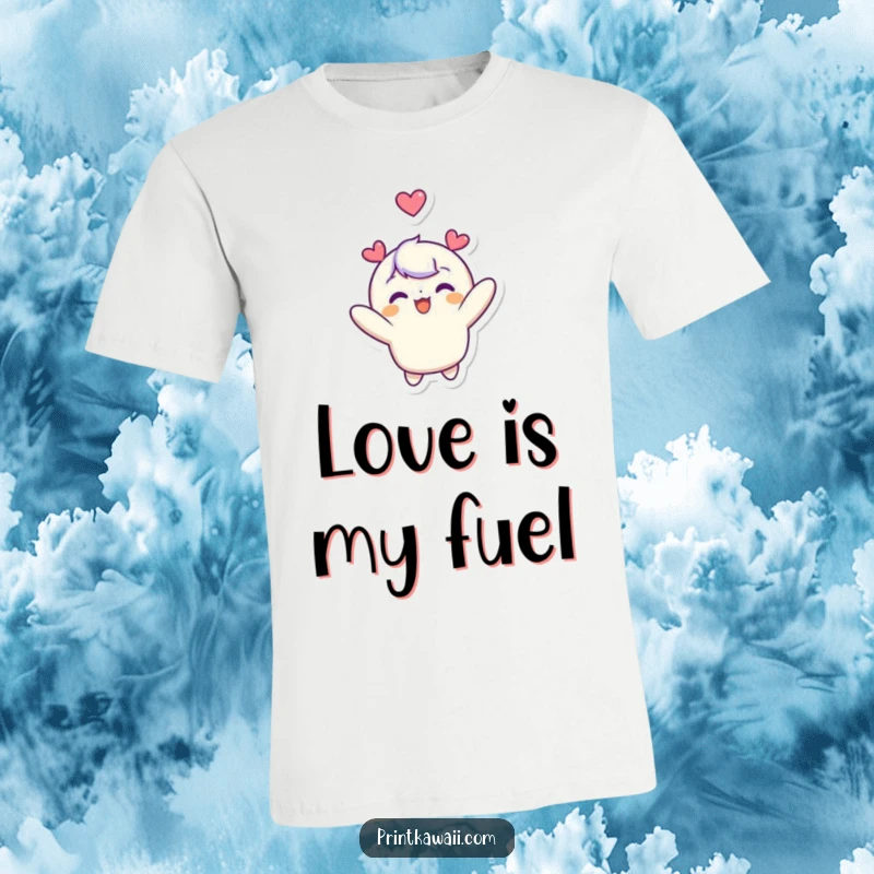 Funny t-shirt with a cute character joyfully floating upwards, a big heart symbol above its head, expressing elation and lightness.