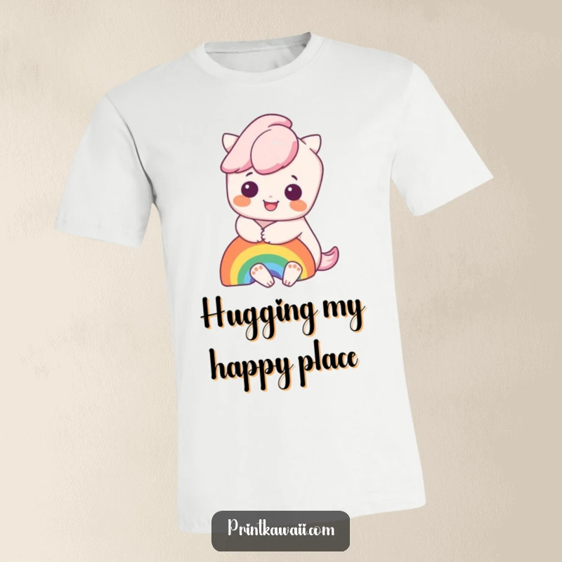 Funny t-shirt with a cute kawaii character in a joyful embrace with a colorful rainbow, perfect for spreading happiness and humor.