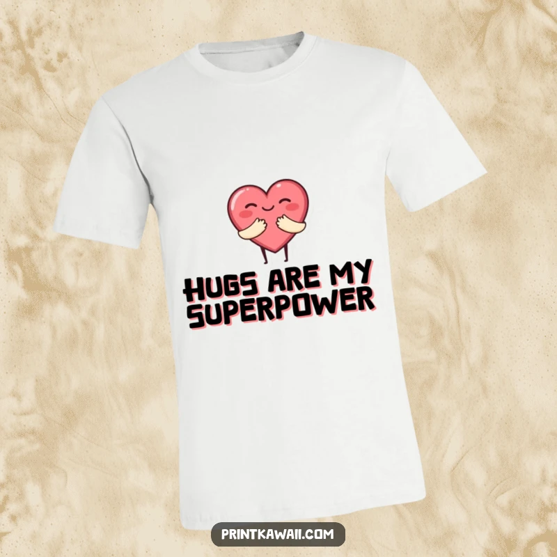 Funny t-shirt with a cute heart character giving a big, warm hug, symbolizing love, comfort, and positive vibes.