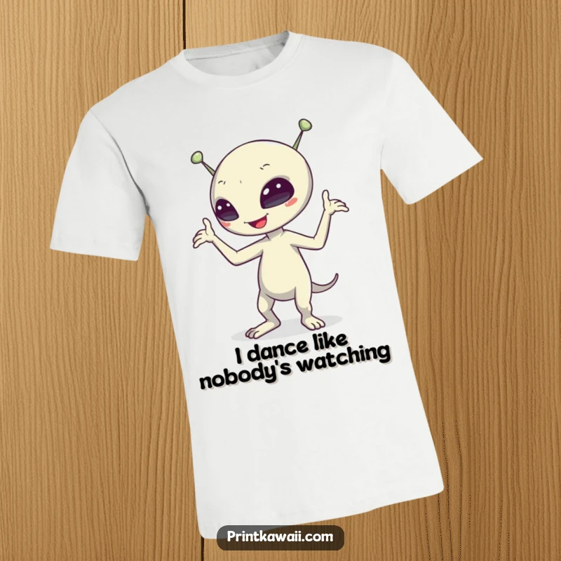 Funny alien character doing a silly, energetic dance on a t-shirt, showcasing its playful extraterrestrial nature and humorous moves.