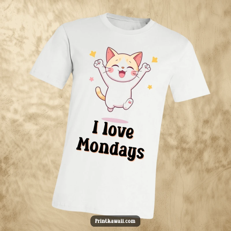 Funny t-shirt depicting a cute cat character in mid-air, celebrating with pure joy and energetic excitement.
