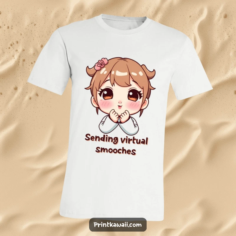 Funny t-shirt depicting a cute character blowing a kiss, with bright rosy cheeks, sending a charming and playful message.