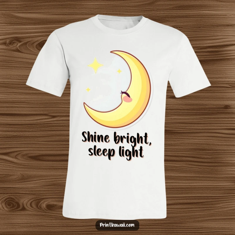 Funny winking crescent moon character on a t-shirt, casting a gentle glow with a playful expression, super funny.