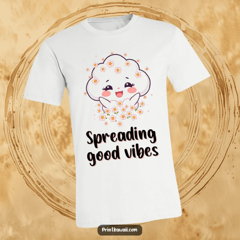 Funny T-Shirt with a joyful cloud character gently showering blossoms, perfect for spreading sweet, serene vibes.