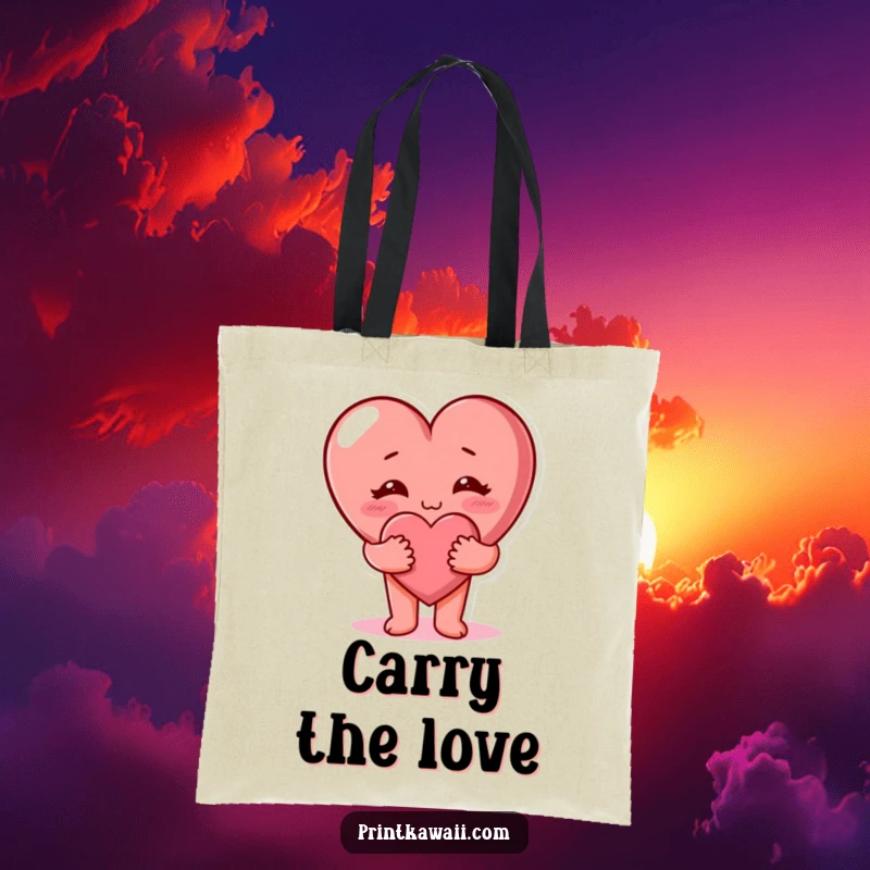 Funny cute heart character giving a hug on a durable tote bag. Spreads love. Funny.
