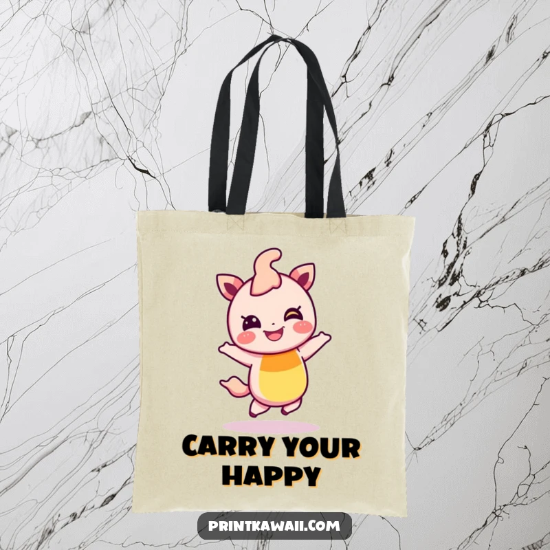 Funny tote bag with a giggling rainbow character doing a cheerful hop, perfect for carrying essentials with a dose of playful joy.