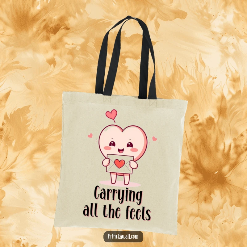 Funny Tote Bag: A smiling heart character receives a love letter, a humorous and stylish accessory for carrying items.