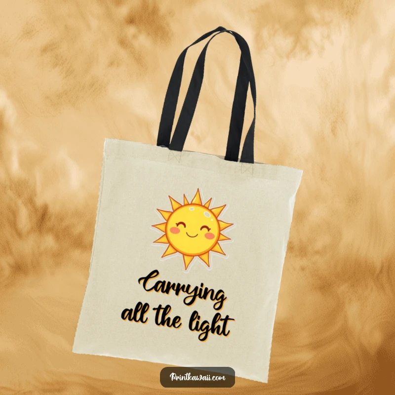 Funny tote bag featuring a beaming sun character spreading happiness, ideal for carrying essentials with a smile.