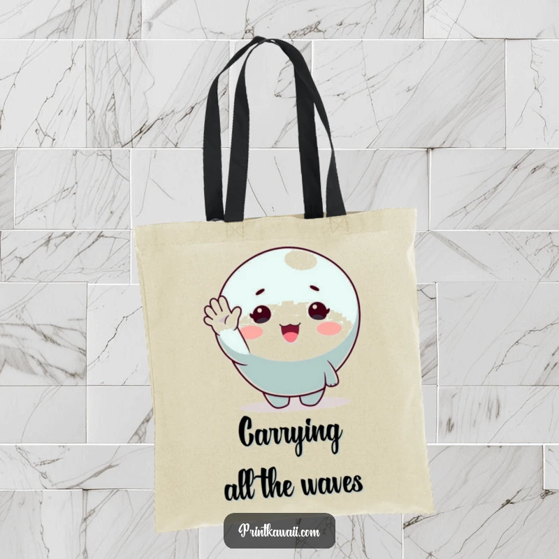 Funny tote bag showcasing a cute character with a bright smile, enthusiastically waving hello, perfect for daily use.
