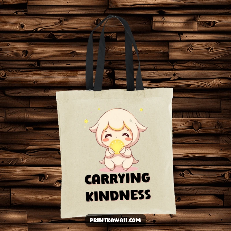 Funny Tote Bag with a cute character joyfully sharing a small, glowing orb, representing kindness.