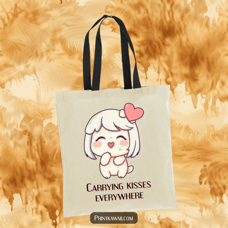 Funny tote bag with a character smiling gently, blowing a kiss towards a heart, perfect for carrying items and showing affection.