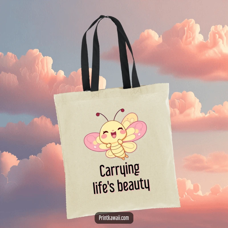 Funny delighted butterfly character on a tote bag, fluttering joyfully with vibrant wings, a cheerful and funny accessory, funny gift.