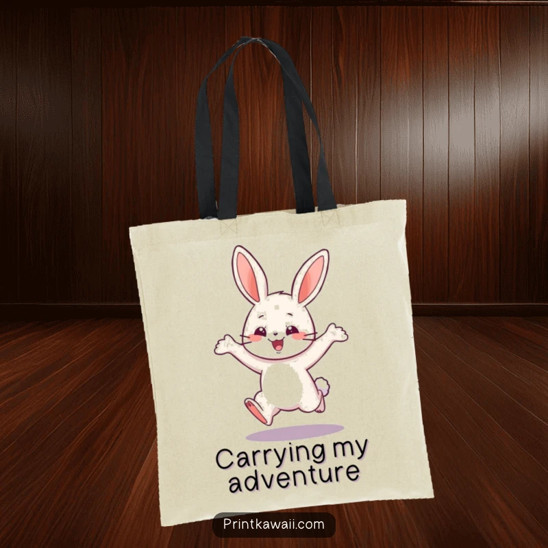 Funny tote bag with a playful bunny character in a happy leap, perfect for carrying items with a dose of joy.