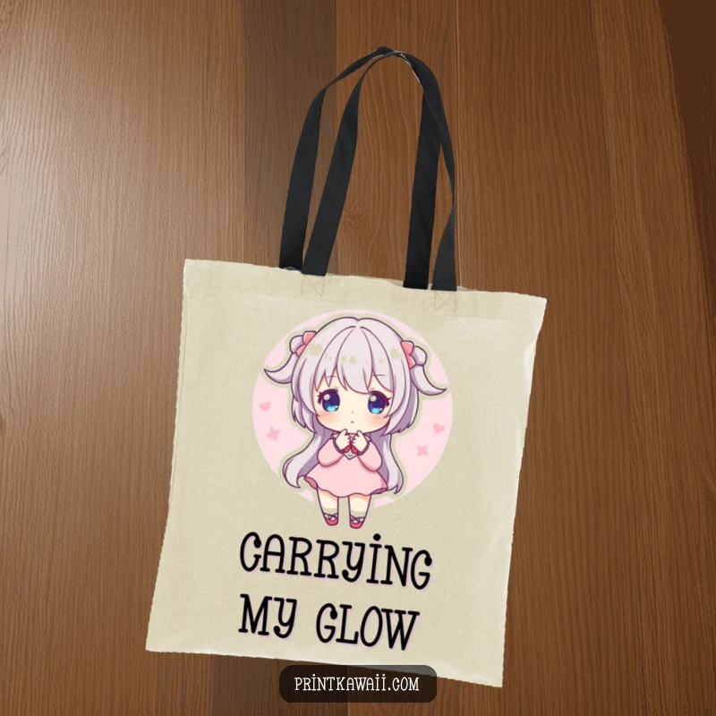 Funny Tote Bag: A character in a tranquil pose, emitting a lovely soft pink aura.