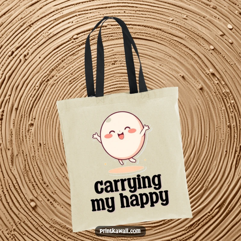 Funny Tote Bag: A playful, round character dances with joy, a humorous and stylish accessory for carrying items.