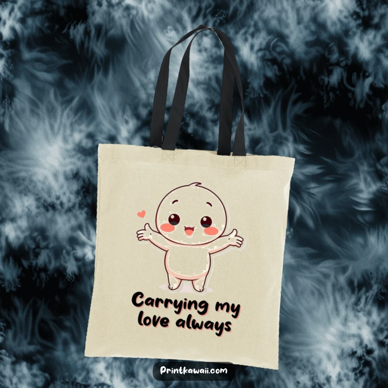 Funny Kawaii Love Tote Bag: Cute character in a loving pose with arms outstretched, perfect for carrying items.