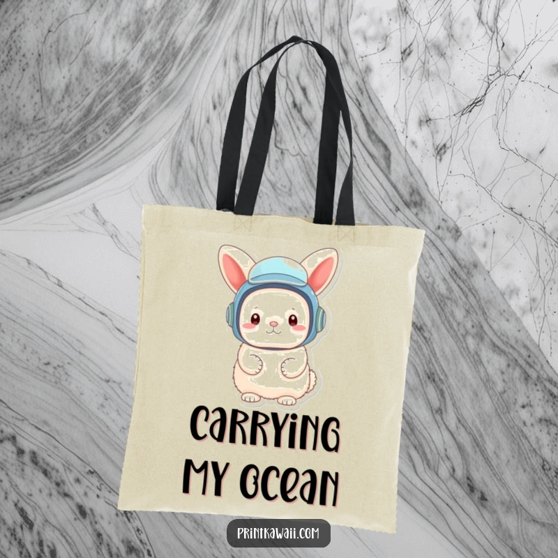 Funny tote bag featuring a fluffy bunny character in a tiny, oversized diving helmet, perfect for carrying essentials whimsically.