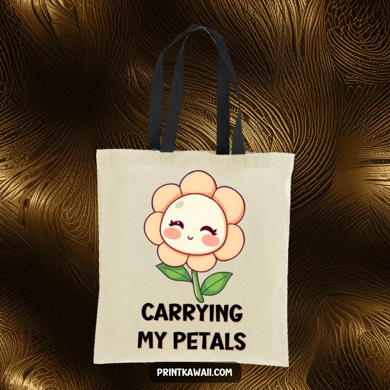 Funny Blushing Flower Tote Bag featuring a shy flower character leaning inwards and blushy, perfect for carrying daily items with floral charm, a cute funny gift.